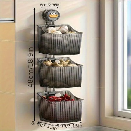 1 stk. grå trelags kjøkkenorganisator uten boring, transparent veggmontert oppbevaringsboks, allsidig, egnet for kjøleskapsside/skapdør