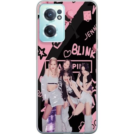 OnePlus Nord CE 2 5G Gjennomsiktig deksel Blackpink Blink design med Lisa Jennie Jisoo og Rose, rosa og svart bakgrunn, fanskiltninger og lightstick,