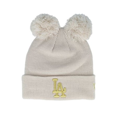 New Era - MLB Beige pom Beanie - Los Angeles Dodgers Womens Metallic Logo Beanie Stone/Gold Dubble Pom @ Hatstore