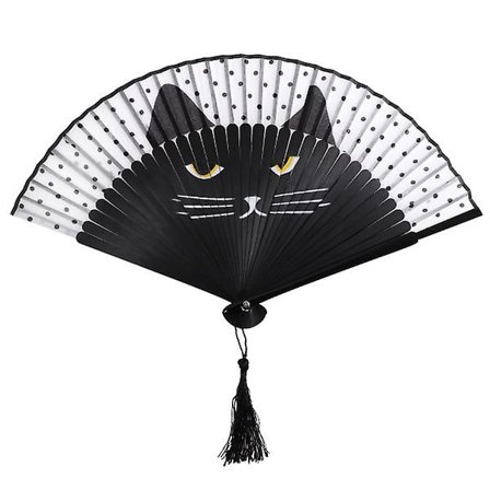 Vorcool Women Cartoon Cat Folding Silk Fan Handheld Fan (svart)