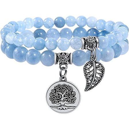 Dam Armband i naturliga Halvädelsten Pärlor - Livets Träd och Blad Charm KLB