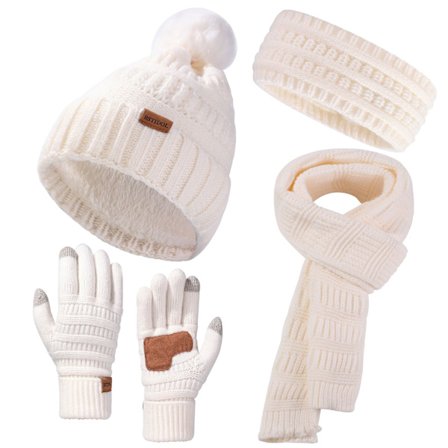 Syksy/talvi neulottu pipo, huivi ja käsineet setti talvi- ja ulkoiluun, lämmin - valkoinen