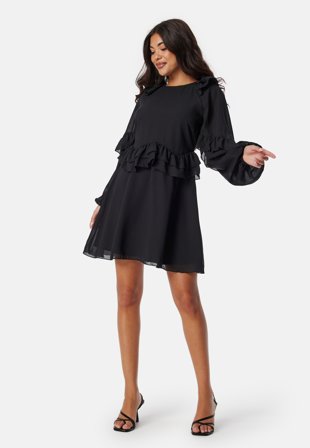 Bubbleroom - Round Neck Short Frill Dress - Black - Kläder