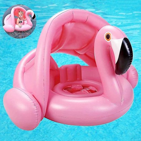 Flamingo Baby Badring Baby Simhjälp Baby Pool Badring Med Solskydd - Uppblåsbar Badring För Barn 6 Månader Till 48 Månader