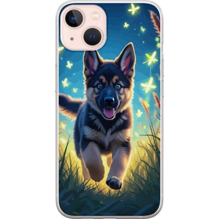Kompatibel Mobilcover til Apple Apple iPhone 13 mini Tysk hyrdehund hvalpeplakat, hvalp hund springer mark sommerfugle sød hund illustration blå nat