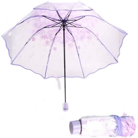 Transparent foldeparaply (lilla) Kirsebærblomst Transparent paraply, Transparent regntæt foldeparaply, Let vindtæt kompakt paraply