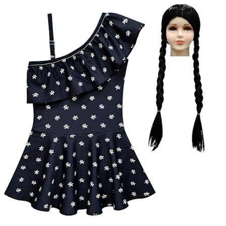 Tv-serie pige badedragt Halloween sort gotisk One Piece kostume med paryk.v5