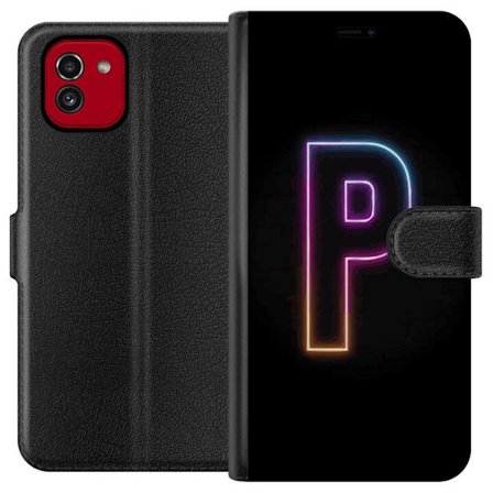 Kompatibel Tegnebogsetui til Samsung Samsung Galaxy A03 Minimalistisk neonbogstav P i farvegradient og lyseffekt mod sort baggrund i digital neonstil