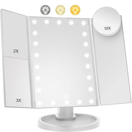 3-sidet sammenfoldelig makeup spejl, der kan dæmpes lys 22LED bordspejl - Hvid