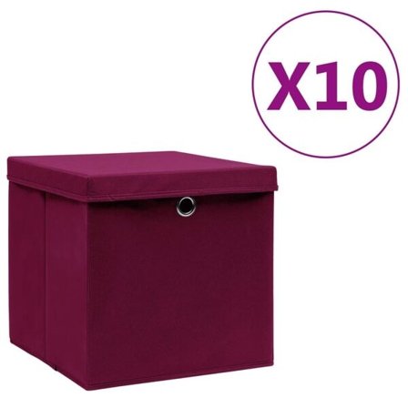 vidaXL Förvaringslådor med lock 10 st 28x28x28 cm mörkröd