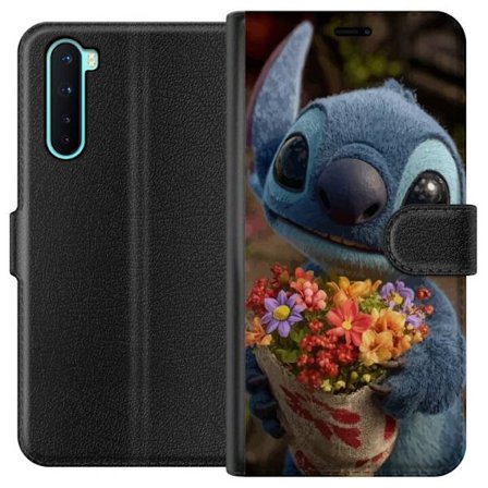 Kompatibel Tegnebogsetui til OnePlus OnePlus Nord Sød blå figur med store øjne, der holder en farverig buket i en varm og kær stil