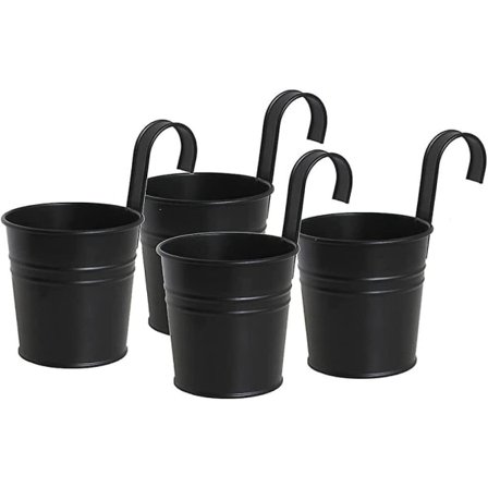 Black Hanging Metal Flower Pots, Durable Buckets with Detachable Hook Hanging Planters for Outdoor Indoor 4-Pack