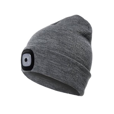 LED Hue med Lys, USB Genopladelig Vinterstrikket Hue med Lys, Pandelampehue Gaver til Mænd Grå