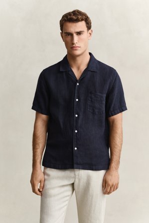 GANT Herren Kurzarmhemd aus Leinen (L) Marineblau