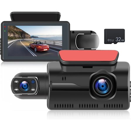 Dashcam til forrude og kabine med 32 GB SD-kort, 3 tommer IPS-skærm, dobbelt dashcam til biler, nattesyn, G-sensor, parkeringsmonitor, Motio