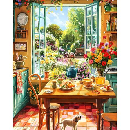 Diamond Art Kits til voksne, Hyggeligt køkken og haveudsigt Diamond Painting Kit til børn og begyndere, 5D Rund Fuld Drill Craft, Hjemmevægsdekoration