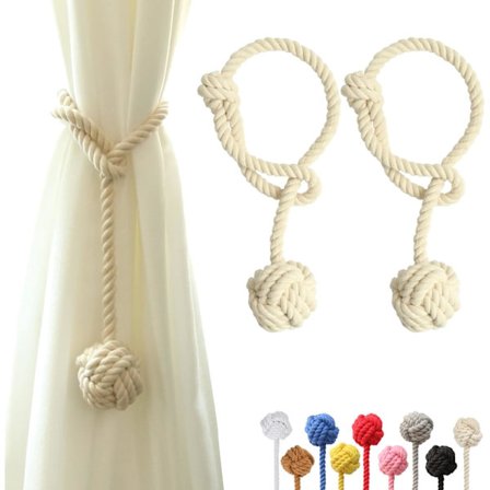 Set med (2 beige) Gardinband med Stor Vävd Boll i Bomull, ZQKLA