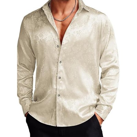 Menn Silke Satin Dress Skjorter Jacquard Lang Erme Blomster Skjorte