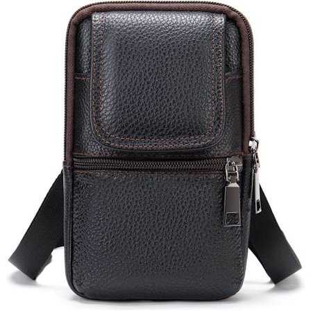 Mobiltelefon Skulderveske Lær Svart, Menn Mobiltelefon Lommeveske med Klips, Smartphone Skulderholster Lær Crossbody