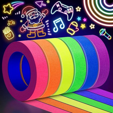 6 Färgers Neon Tygtejp - 1,5 cm x 5 m, Fluorescerande UV Svartljus Självlysande Tejp för UV-fester, Markering, Inga Rester, 6-pack