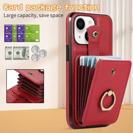 iPhone 13 6.1 punainen crossbody haitarityyppinen rengaspidike korttikotelolla, monikorttitasku ja täysi laukkuteline