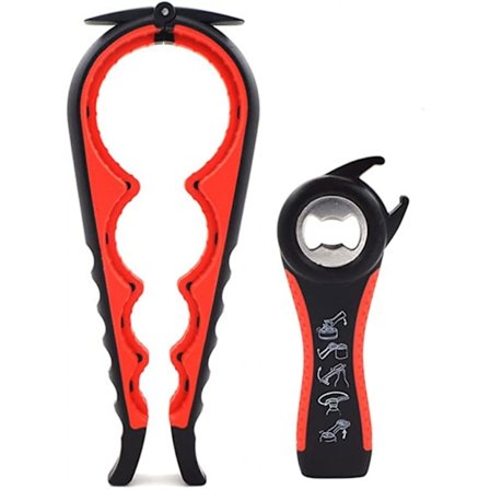 Flaskeåbnersæt egnet til gigt hænder, ældre, børn og kvinder, multifunktionelle køkkenredskaber (sort+rød)