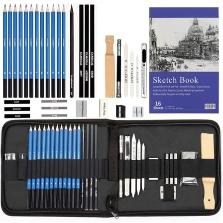 35-delt skitseblyantssæt med skitseblok – kulblyanter, skitseblyanter, kulstifter, blyantspidser, viskelæder og kunstnermaterialer til børn og voksne