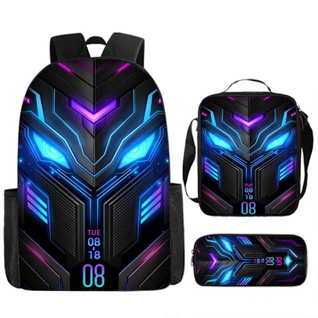 Mechanical Style 3-Piece Skolväska Set – Stor Ryggsäck för Elever, Anime Cartoon Design, Vattentålig & Slitstark