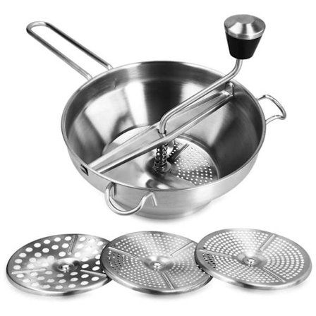Rustfrit Stål Si med 3x Sigtindsatser - Si Kværn til Suppe, Marmelade, Babymos, Sovser - 3 Sigtindsatser - Kværn Presse