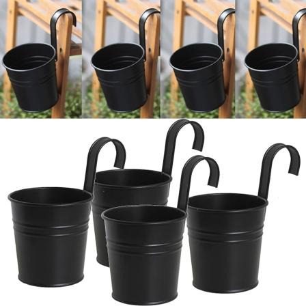 4-pack svarta hängande blomkrukor i järn med avtagbar krok för utomhus- och inomhusstaket, balkong, trädgård, heminredning