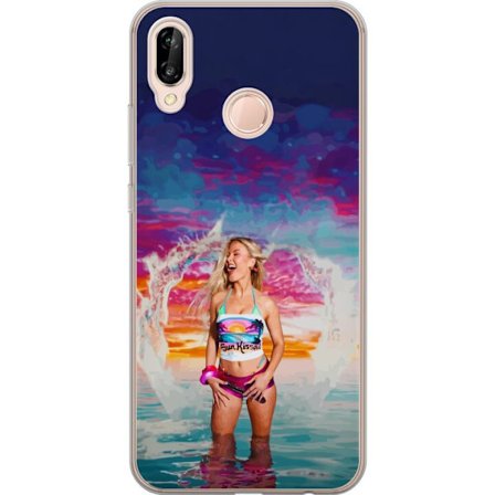 Kompatibel Mobilcover til Huawei P20 lite Blond kvinde i farverigt strandtøj, der leger i havet ved solnedgang