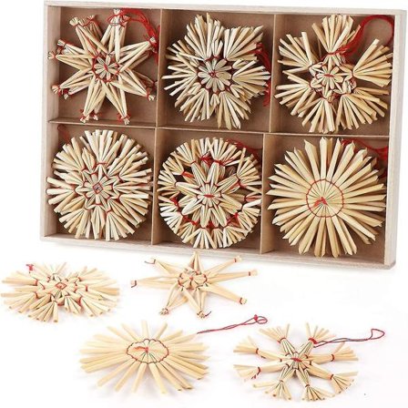 Halm Stjerne Juletre, 24 Julhalm Stjerne Sett - Naturlig Halm Hengende Kompatibel Med Juletrepynt