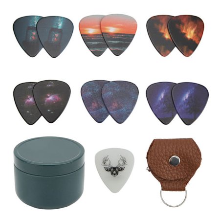 13 stk gitarplekter i medium celluloid med boks, instrumenttilbehør, Starrysky
