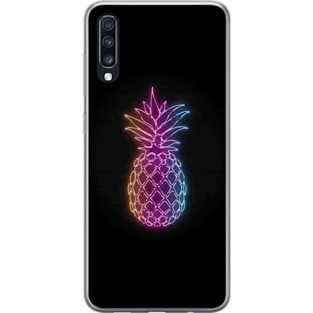 Kompatibelt Mobilskal till Samsung Samsung Galaxy A70 Neonillustration av ananas i färgglatt ljus mot svart bakgrund