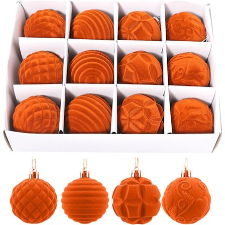 12 stk. 6 cm Fløjlsjulekugler, Flocked Pynt med 4 Mønstre (Orange)