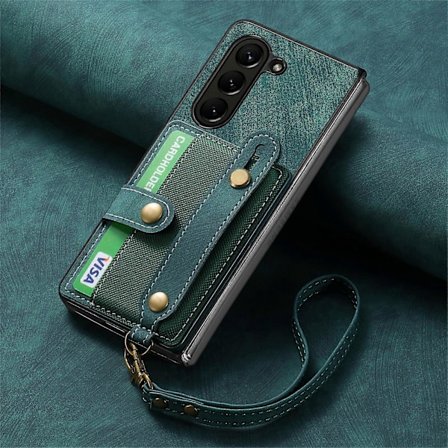 Fodral för Z Fold 6, Läderplånboksfodral för Samsung Galaxy Z Fold 6 med Kortfack & Armband, Stötsäkert Skyddande Omslag