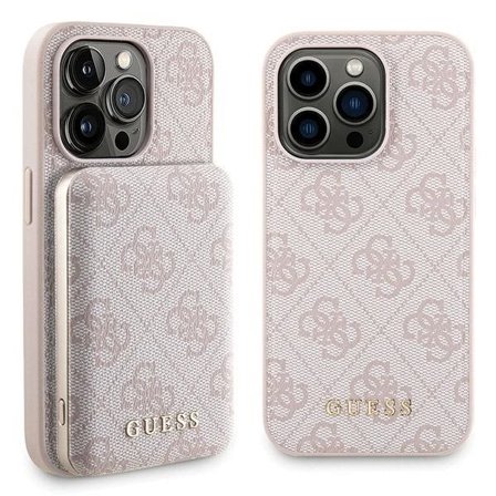 Guess 4G metall logo etui sett for iPhone 15 Pro + 5000mAh MagSafe power bank - rosa