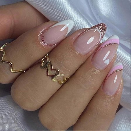 24 st Mandelformade Lösnaglar Korta, Fransk Press-on Naglar med Rosa Vita Ränder Design