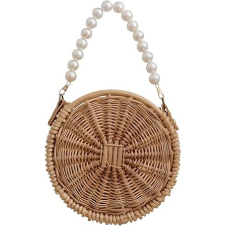 Crossbody Vävd Messengerväska i Halm Korg Rund Pärlrem Hollow Dragsko Sommar Axelremsväska Strand Crossbody Handväska (Khaki)