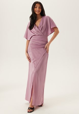 Bubbleroom Occasion - Wrap Satin Gown - Pink - Kläder Omlottklänning