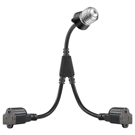 2-i-1 Lyskontakt Adapter, Svart, E26/E27 til 2 stk 3-polet Uttak med Forlengelsesledning, Brannhemmende PVC-materiale