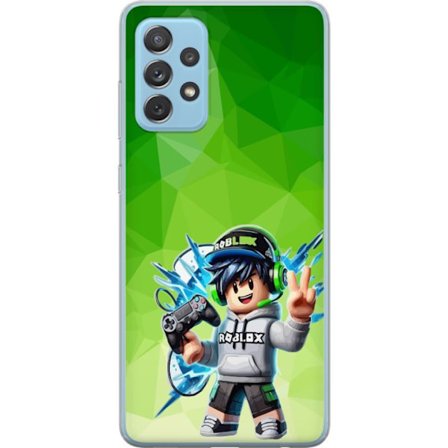 Kompatibelt Mobildeksel til Samsung Galaxy A72 5G Roblox-inspirert gamerfigur med headset, håndkontroll og energiske effekter mot grønn bakgrunn
