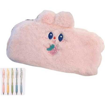 Kawaii Skolemateriale Aughty Kanin Penalhus Plys Multifunktionel Stor Kapacitet Penalhus (Pink+5 penne)