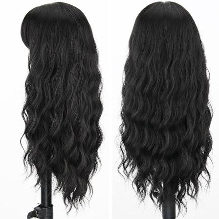 Lang svart parykk med lugg