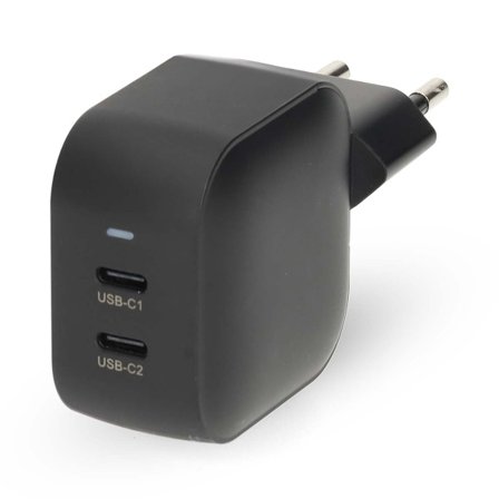 Vægoplader | 45 W | GaN | PD3.0 | Hurtig opladningsfunktion | 2,25 / 3,0 A | Antal udgange: 2 | 2x USB-C | Automatisk spændingsvalg | Sort