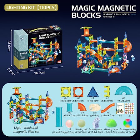 Magnetisk kulbanebyggsats | Kreativa spårblock | STEM-konstruktionsleksak *110 st* Lätt 110 st