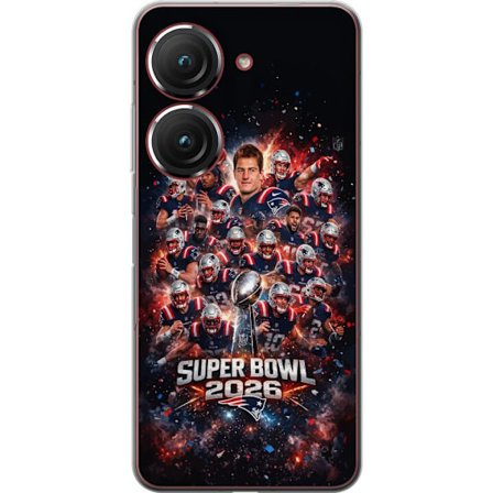 Yhteensopiva Puhelinkuori Asus Zenfone 9 Super Bowl 2026 juliste, jossa New England Patriots ja NFL-mestaruuspalkinto räjähtävän urheilullisessa suunn