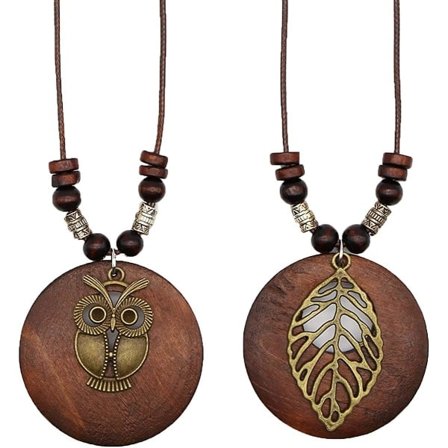 2 st Trähänge Halsband med Uggla Lövberlock Lång Vaxrep Kedja Halsband Handgjorda Smycken Halsband för Kvinnor Gåva