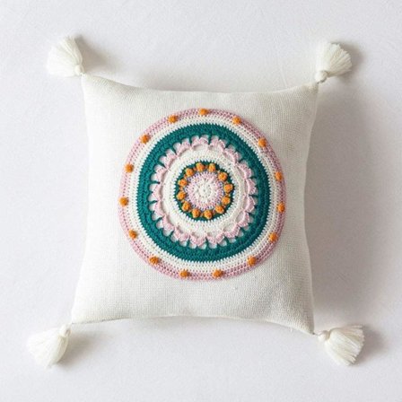 IC Dekorativt stickat bomullssoffaöverdrag med tofsar Runt blommigt Farmhouse örngott för bäddsoffa (vit, 18"x18")