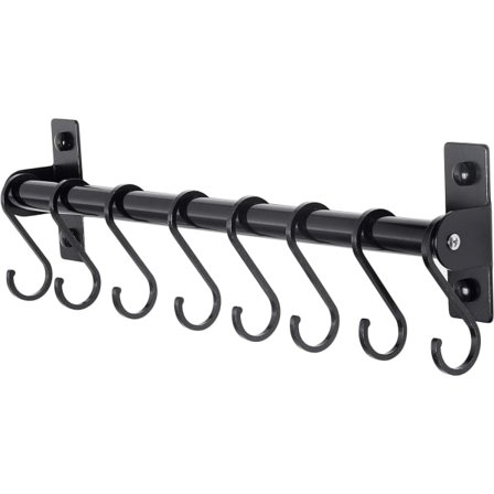 Grydestativ - Gryde- og stegepanderstativ med 8 kroge, grydestativ til køkken, vægmonteret, sort